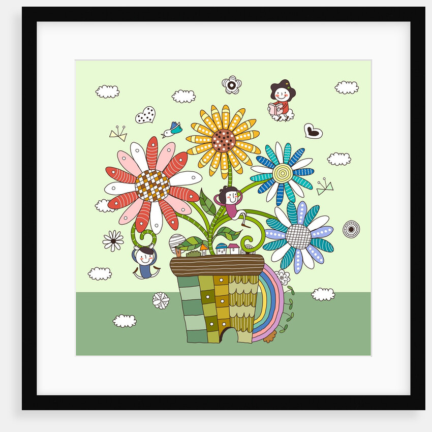 Children resting on potted plant by Anonymous