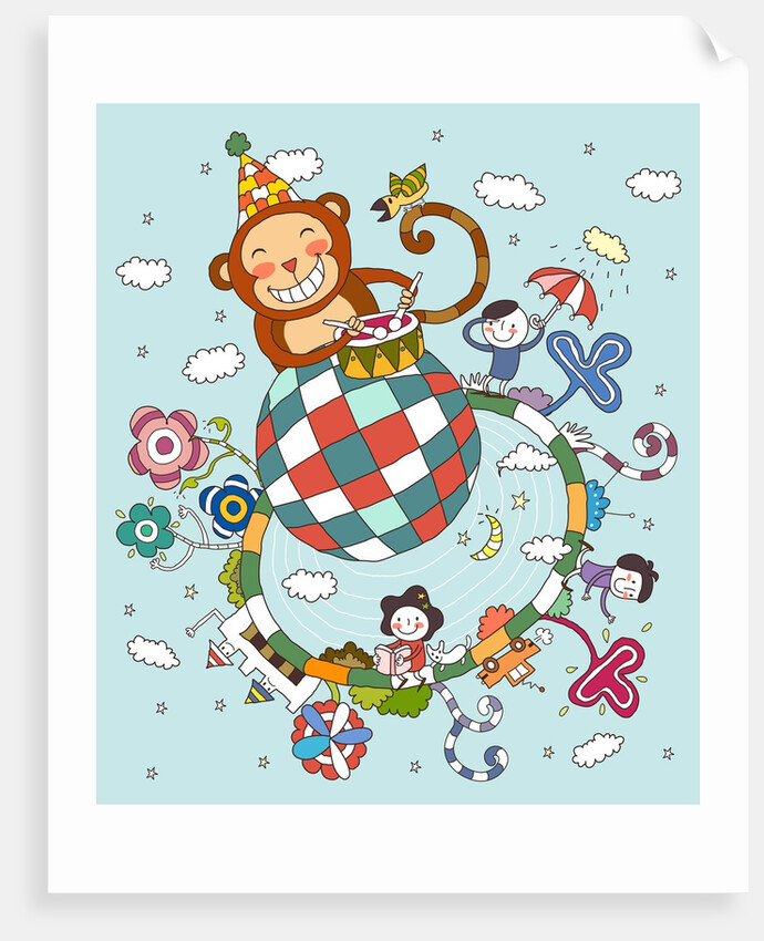 Children playing with toy monkey by Anonymous