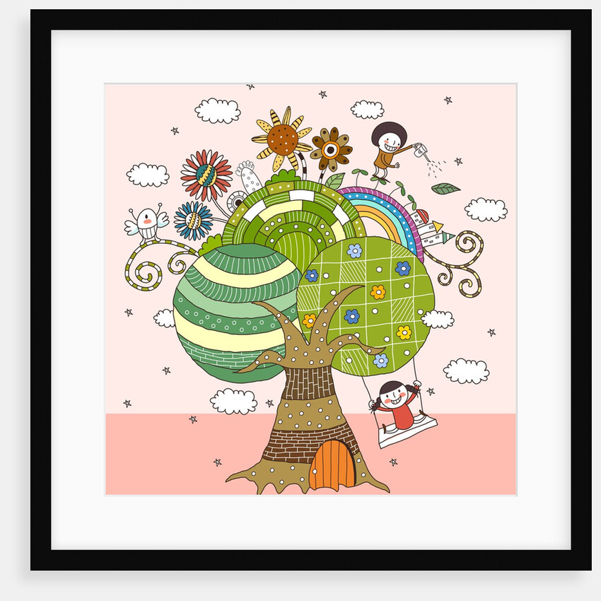 Children playing by tree by Anonymous