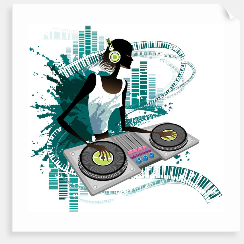 Young woman Dj Using Turntable in Nightclub by Anonymous