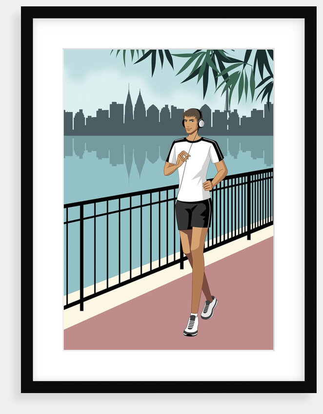 Portrait of man jogging, wearing headphones by Anonymous