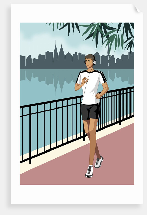 Portrait of man jogging, wearing headphones by Anonymous