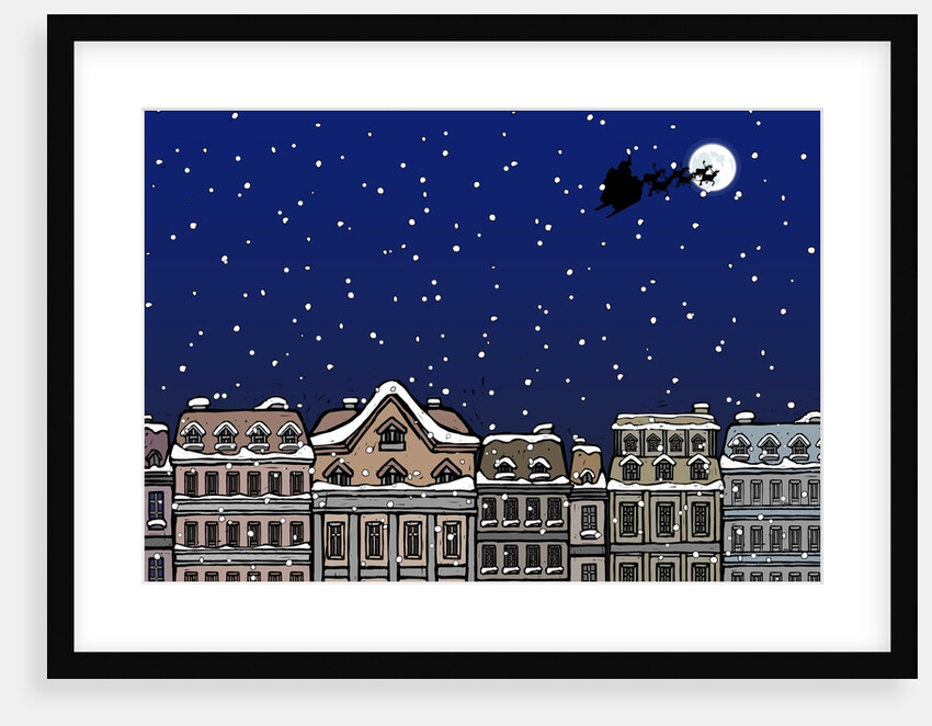 Silhouette of a Santa Claus on a sleigh flying over a city at night by Anonymous