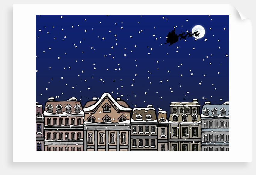 Silhouette of a Santa Claus on a sleigh flying over a city at night by Anonymous