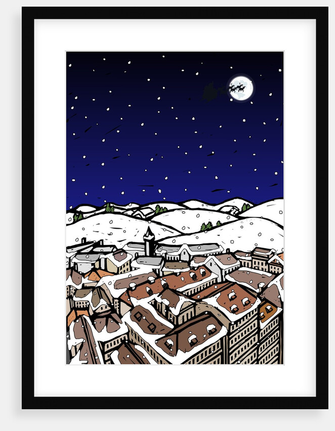 High angle view of snow covered houses in a town and silhouette of reindeers over moon in the sky at night by Anonymous