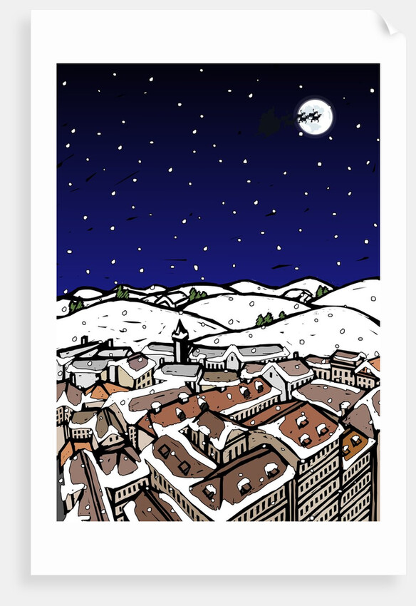 High angle view of snow covered houses in a town and silhouette of reindeers over moon in the sky at night by Anonymous