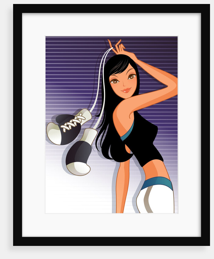 Woman holding boxing gloves against striped background by Anonymous