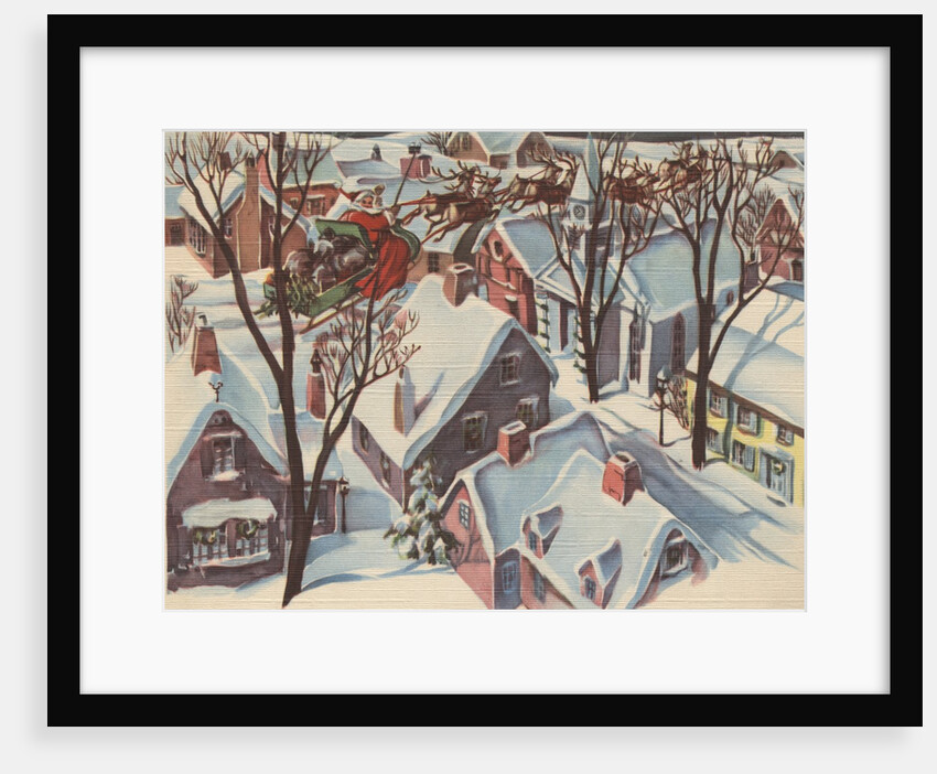 Santa Claus in sleigh flying over houses by Anonymous