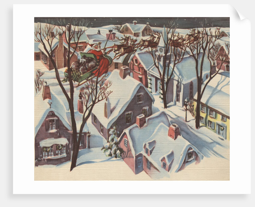 Santa Claus in sleigh flying over houses by Anonymous