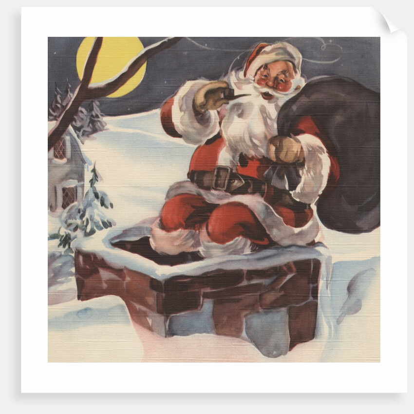 Santa Claus going down chimney with sack of toys by Anonymous