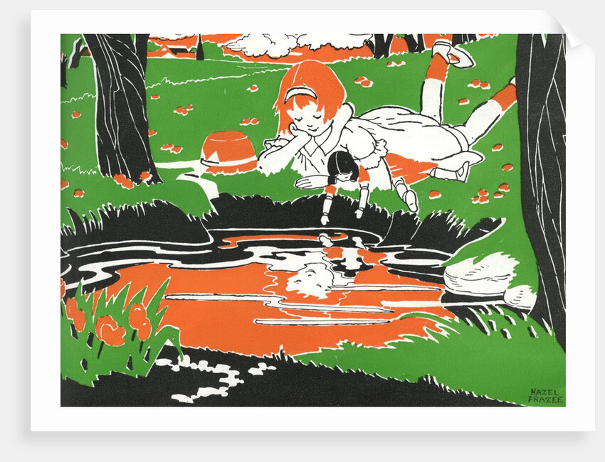Girl with doll looking at reflection in water by Anonymous