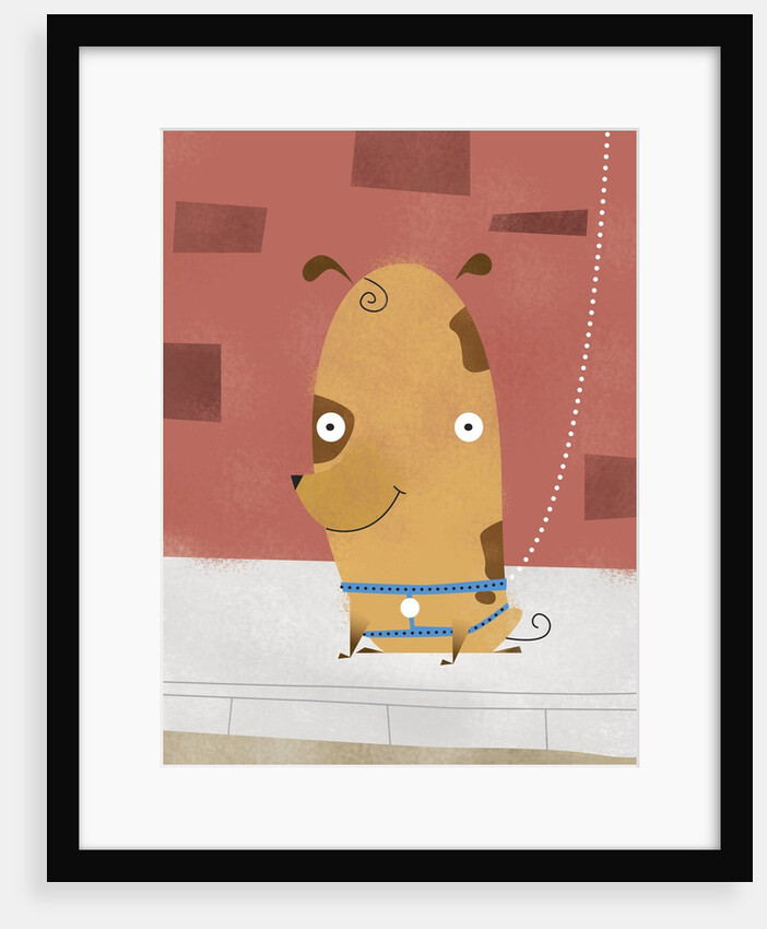 Smiling dog on a leash by Anonymous