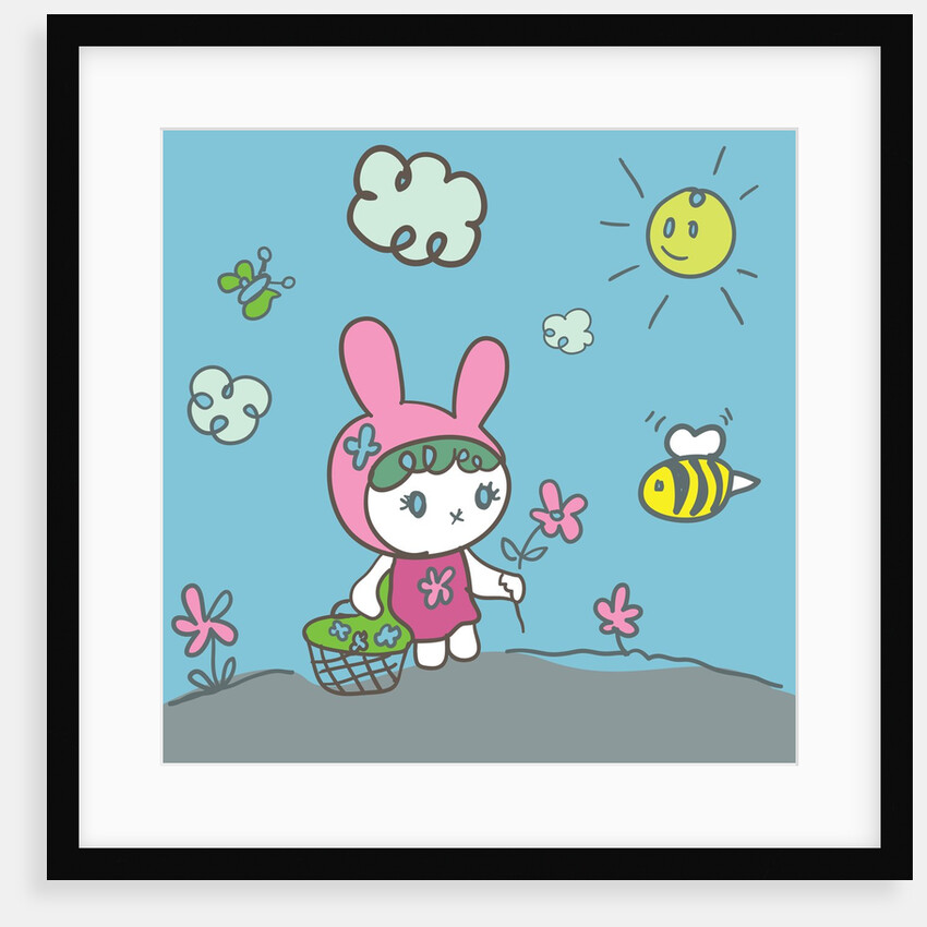 Bunny rabbit picking spring flowers by Anonymous