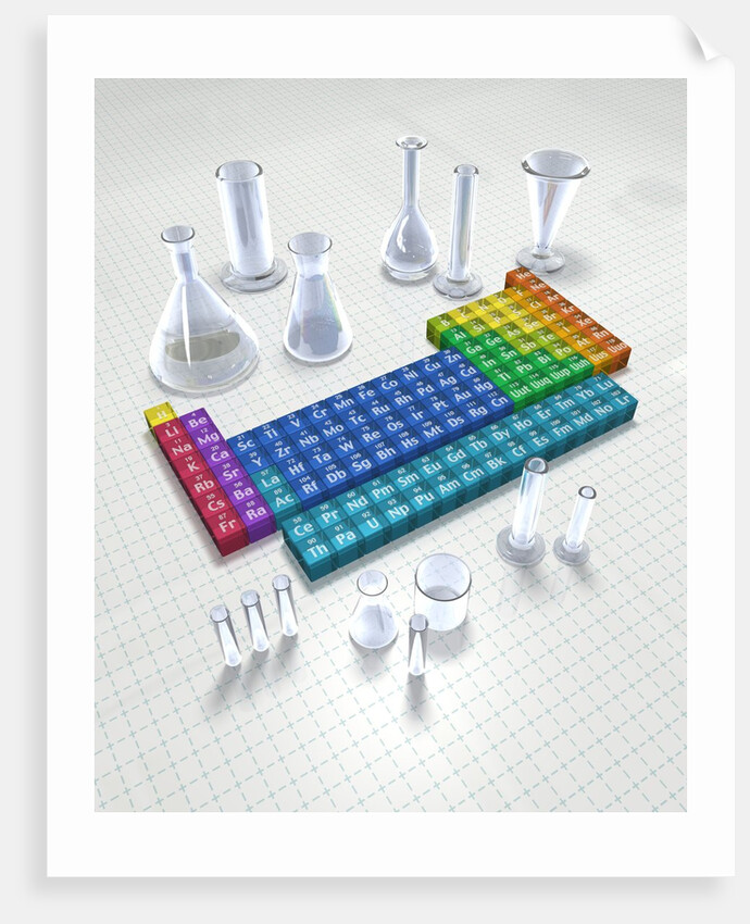 Periodic table of the elements with glassware by Anonymous