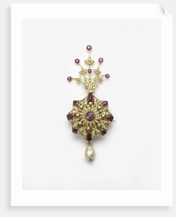Spinel and diamond sarpesh with a natural pearl drop by Anonymous