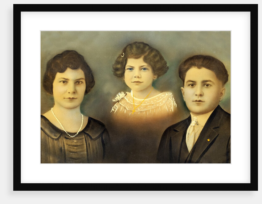 Mother and father pose with their five year old girl in a colorized portrait, ca. 1925 by Anonymous