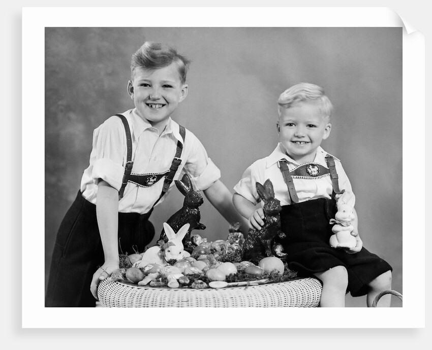 Two brothers sit with Easter decorations, ca. 1948 by Anonymous