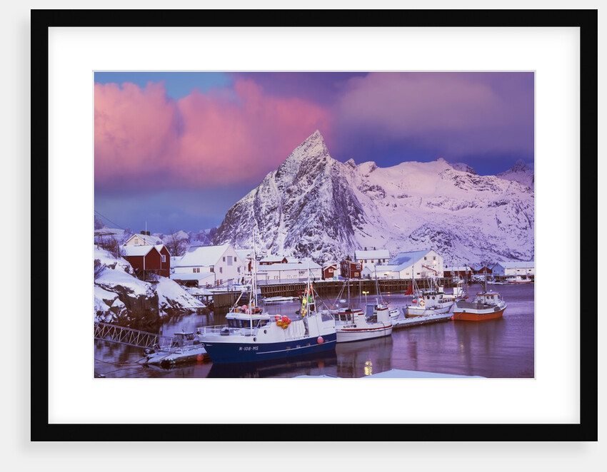 Fishing village of Hamnoy below Klokketinden peak by Anonymous