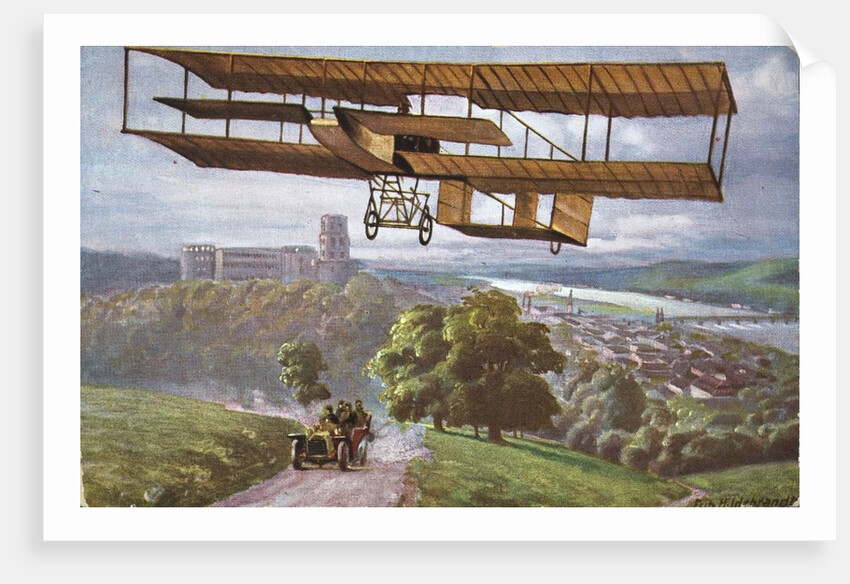 Biplane flying over French countryside by Anonymous