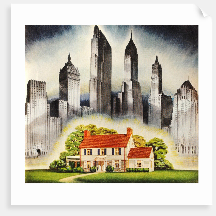 Suburban home constrasted with skyscrapers by Anonymous