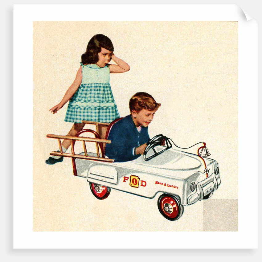 Children playing with toy fire engine by Anonymous
