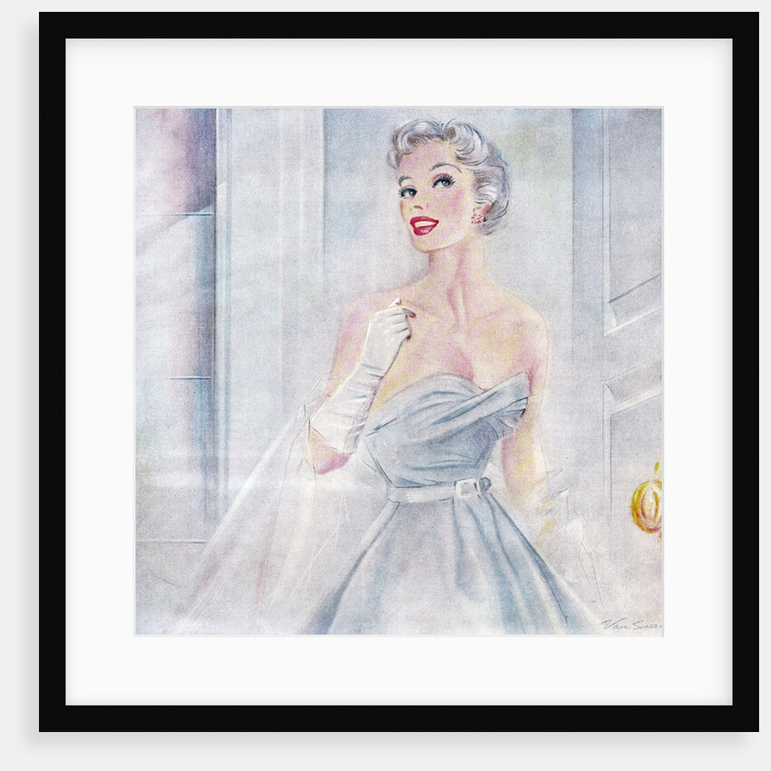 Woman wearing strapless gown and evening gloves by Anonymous