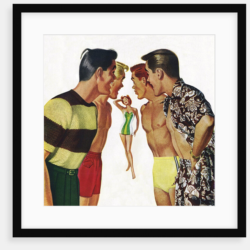 Young men admiring woman in bathing suit by Anonymous