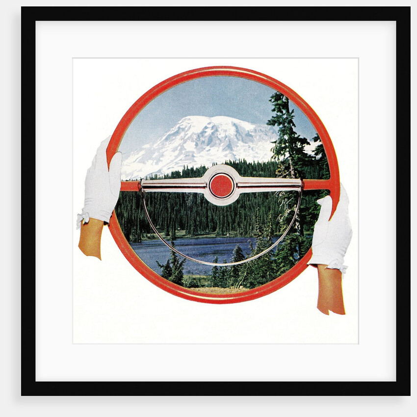 Steering wheel with image of woods and snow-covered mountain by Anonymous