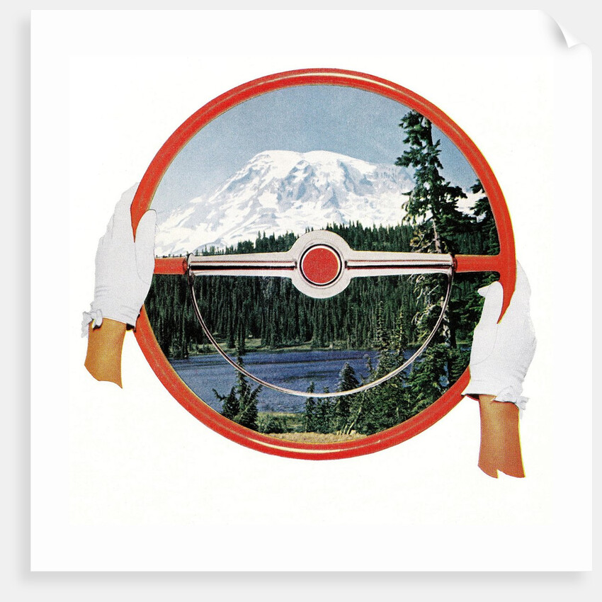 Steering wheel with image of woods and snow-covered mountain by Anonymous