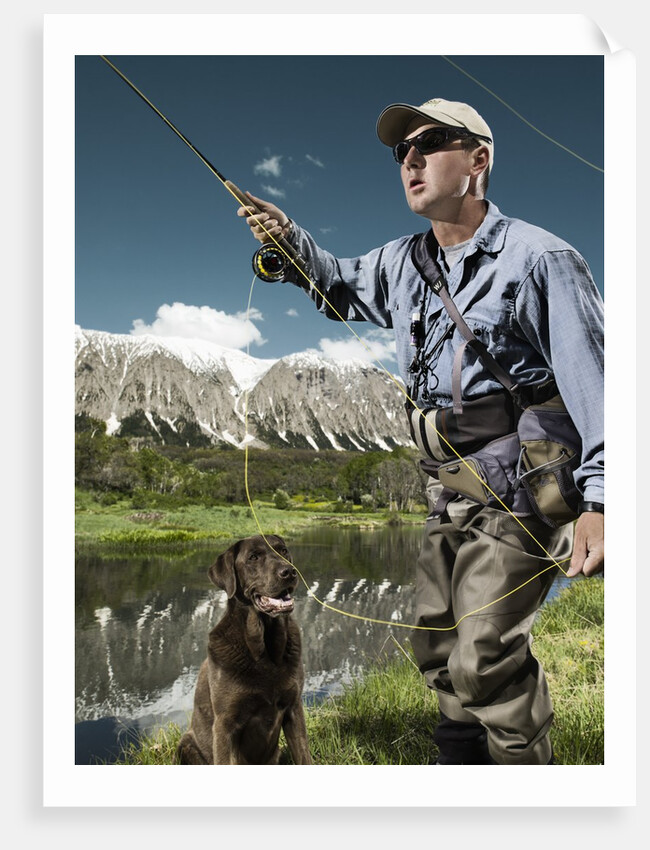 Man fly fishing with dog by Anonymous