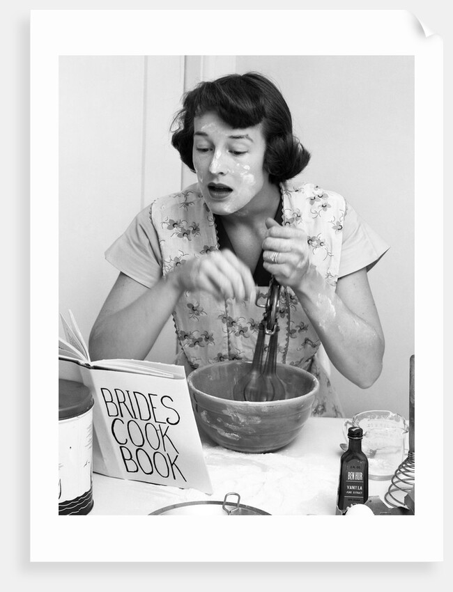 Woman face covered flour mixing ingredients reading brides cook book by Anonymous