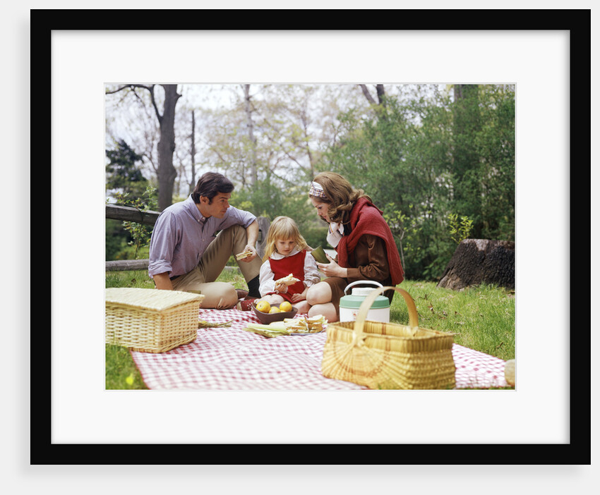 Family mother father girl spring picnic on checkered tablecloth by Anonymous