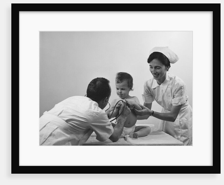 Doctor nurse examining baby chest with stethoscope by Anonymous