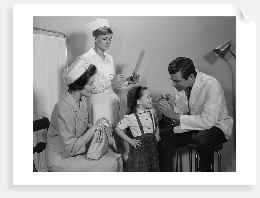 Mother sitting watching man pediatric doctor woman nurse checking on smiling little girl patient by Anonymous