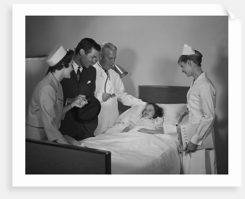 Man doctor woman nurse mother father seeing visiting smiling little girl patient in hospital bed by Anonymous
