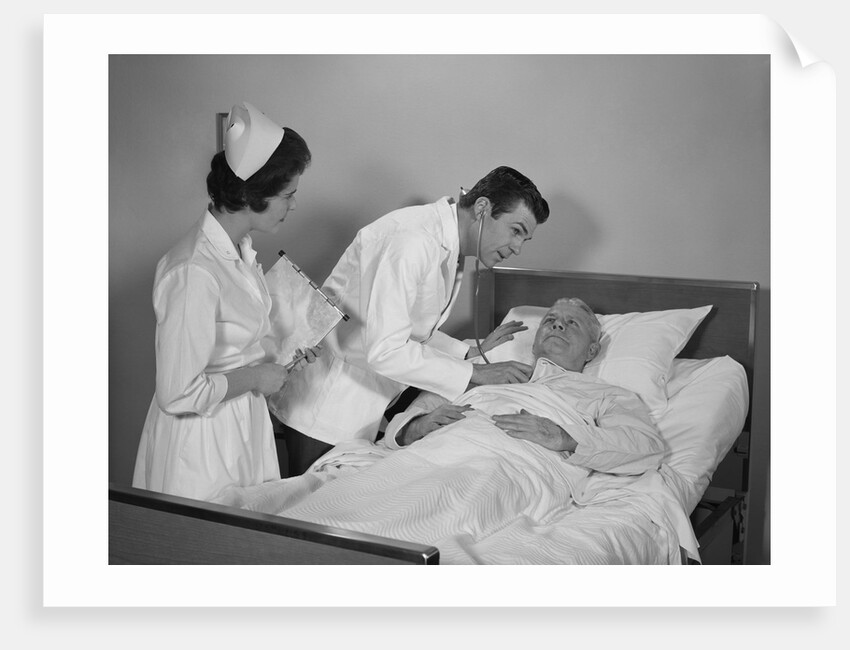 Doctor and nurse checking on elderly male patient in hospital bed by Anonymous