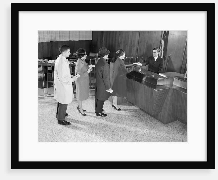 People waiting in line for bank teller by Anonymous