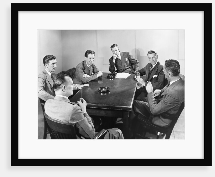 6 businessmen meeting in boardroom around table with ashtrays by Anonymous