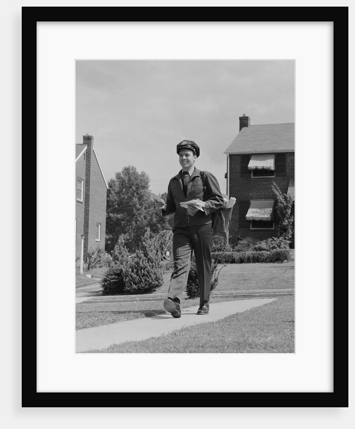 Postal mailman walking suburban street wearing uniform delivering mail by Anonymous