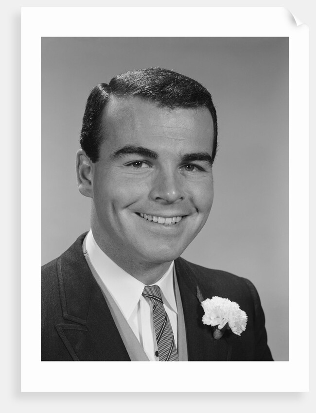 Smiling young man formal attire boutonniere in lapel bridegroom groom by Anonymous