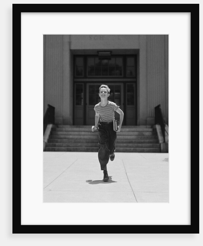 Boy running from school carrying books by Anonymous