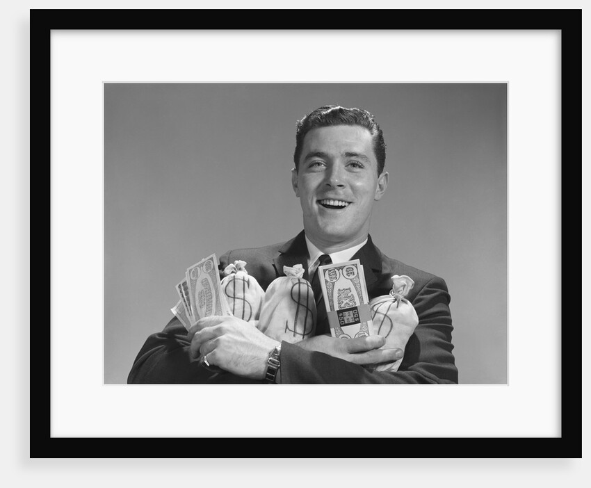 Smiling man holding money bags and bundles of cash by Anonymous