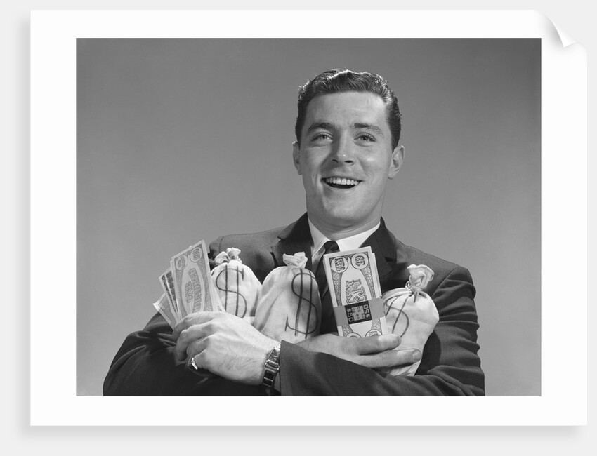 Smiling man holding money bags and bundles of cash by Anonymous
