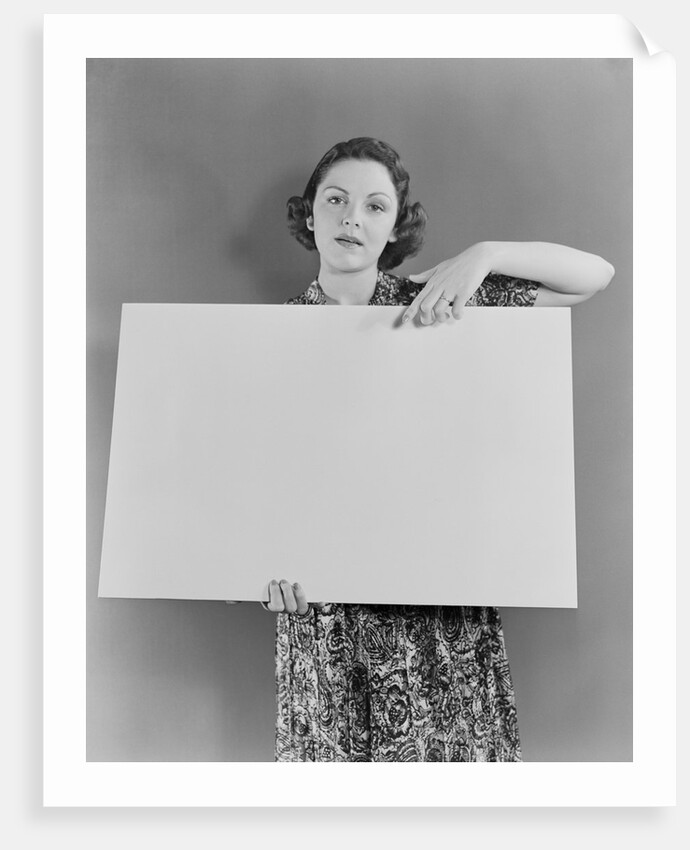 Woman holding blank poster sign hand pointing from top by Anonymous
