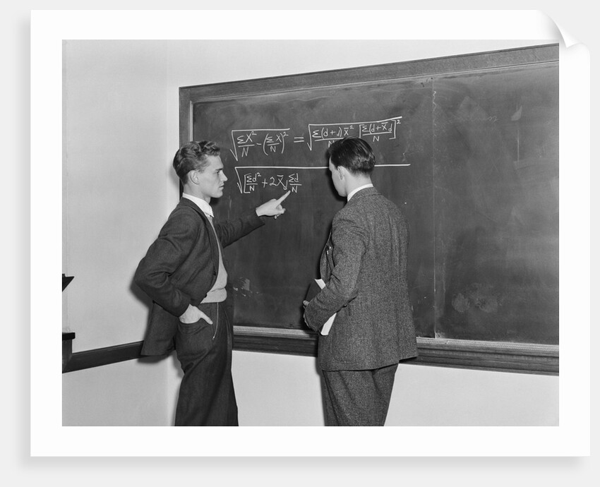 2 students professors mathematicians blackboard studying complex equations by Anonymous