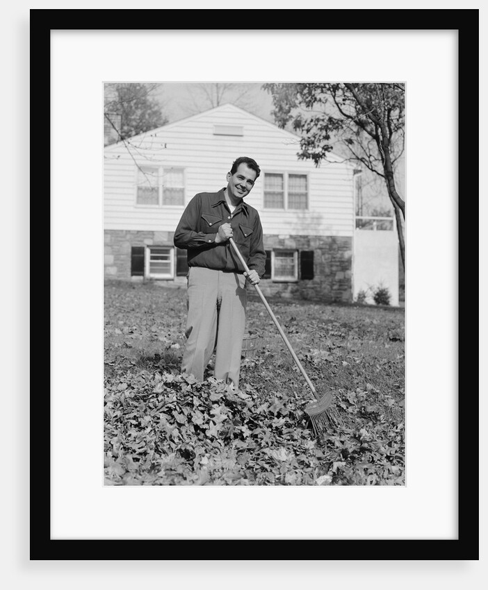 Smiling man raking autumn leaves in front yard of house by Anonymous