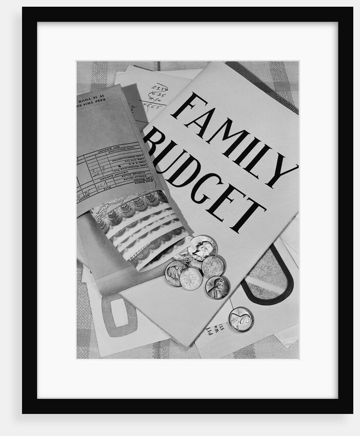 Still life family budget money currency cash coins bills payroll envelope by Anonymous