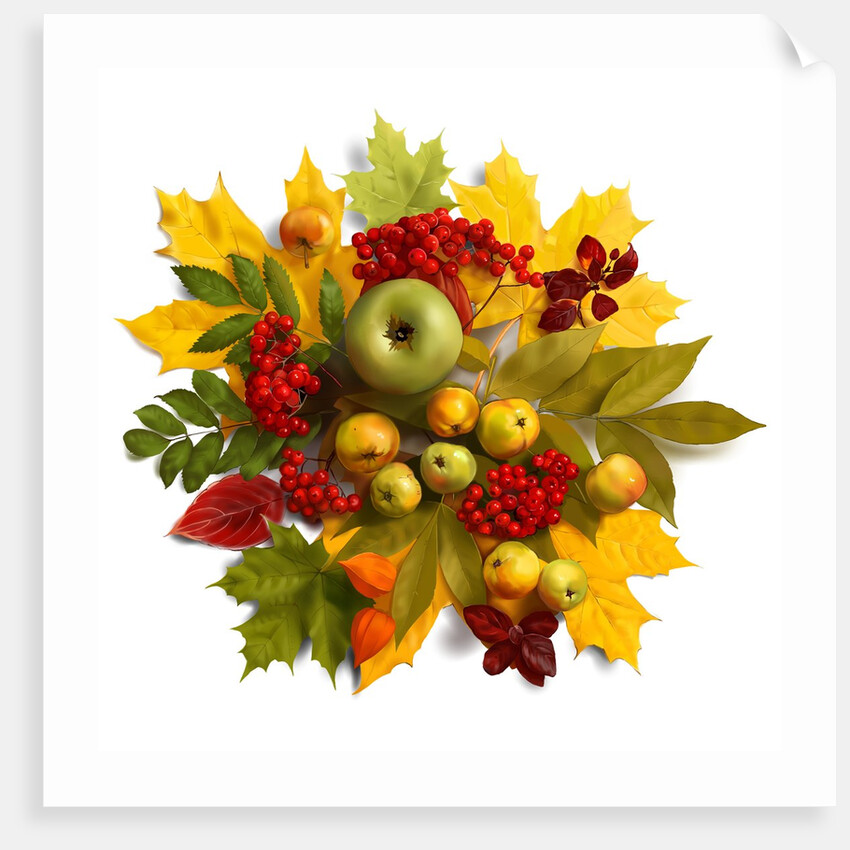 An autumn wreath with leaves, apples and berries by Anonymous