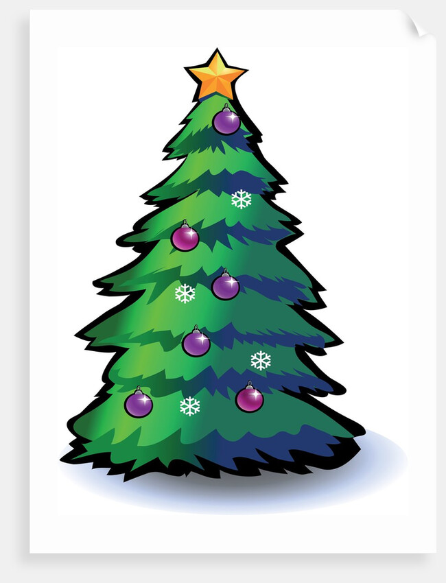 A Christmas tree with ornaments, snowflakes and a star by Anonymous