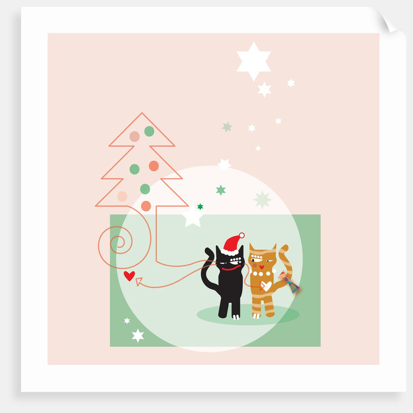 Two cats next to a Christmas tree and stars on a pink background by Anonymous